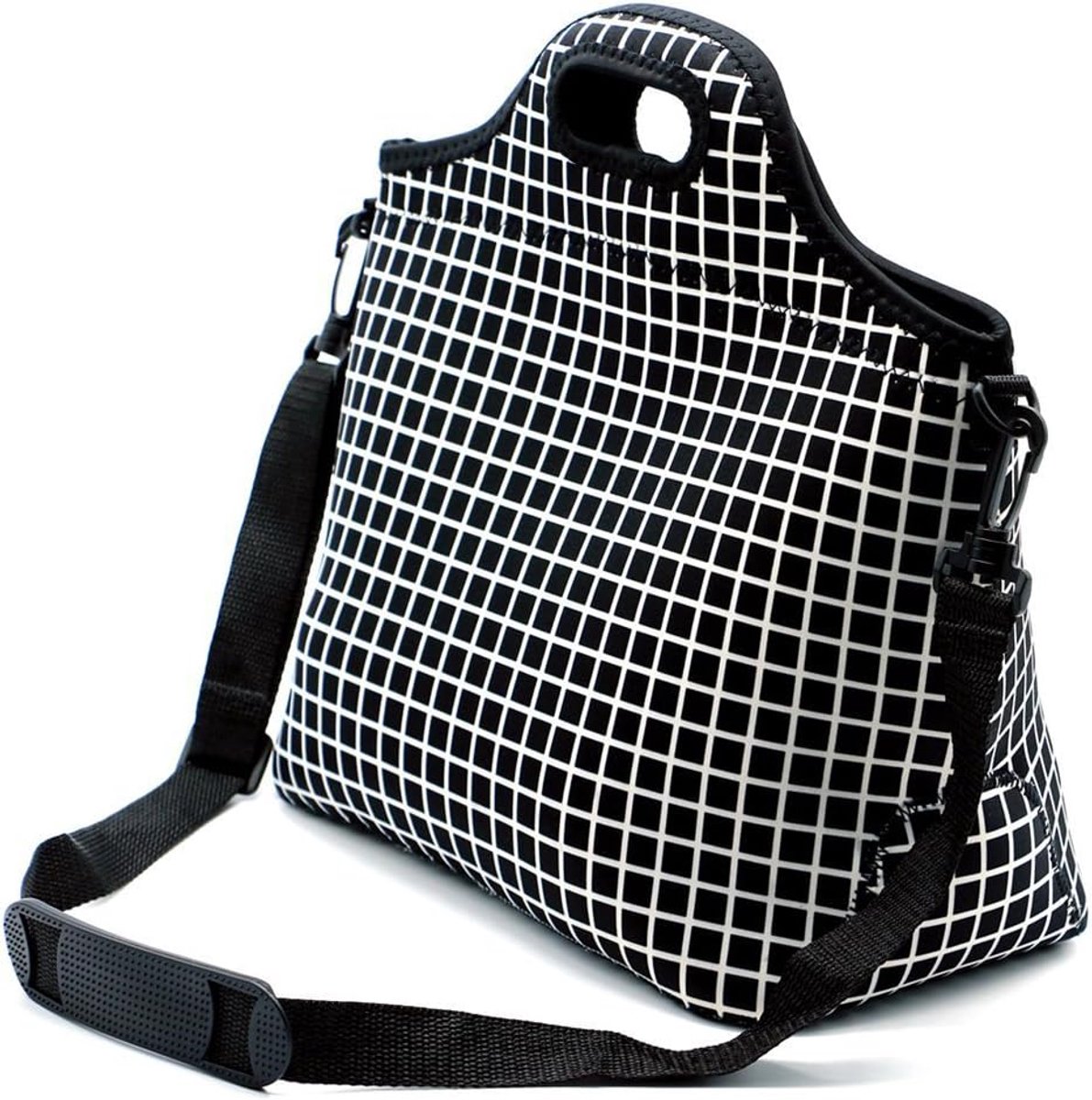Lunchtas, neopreen lunchtas, geïsoleerd, grote koeler, lunchtas, herbruikbaar, wasbaar, met schouderriem voor mannen, vrouwen, school (L. zwart raster)