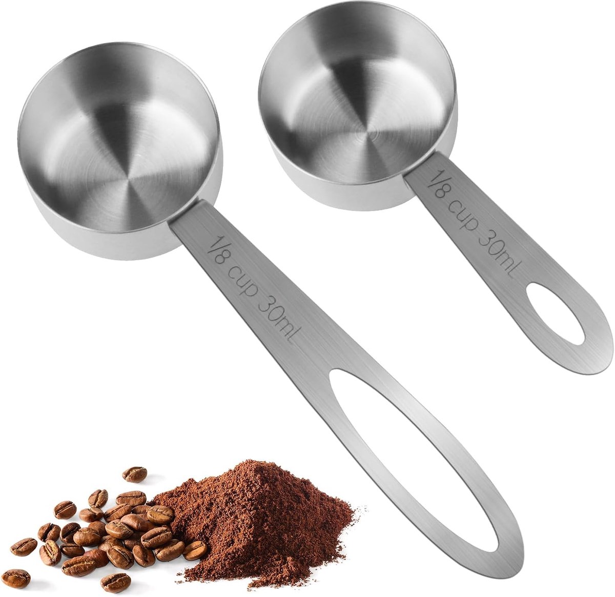 2 stuks 1/8 30ml meetbekers en lepels Koffie Melk Thee Bakken Tafellepel wegen voedsel voor korte steel en lange steel koken Maatbeker Zilver Roestvrij staal