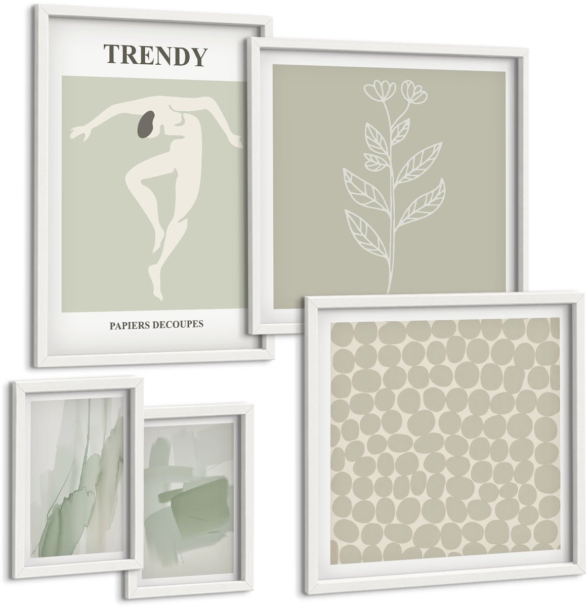 Coloray 5-Delige Schilderij Set - Stijlvolle Afbeeldingen In Groentinten Met Abstracte Motieven. - 50 x 50 cm, 20 x 30 cm En 40 x 60 cm - Decoratieve Schilderijen - Wanddecoratie - Hal - Woonkamer Decoratie