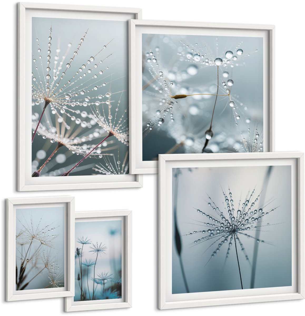 Coloray 5-Delige Schilderij Set - Waterdruppels Op Planten In Een Minimalistische Stijl - 50 x 50 cm, 20 x 30 cm En 40 x 60 cm - Stijlvolle Wanddecoratie - Interieur - Interieur Decoratie