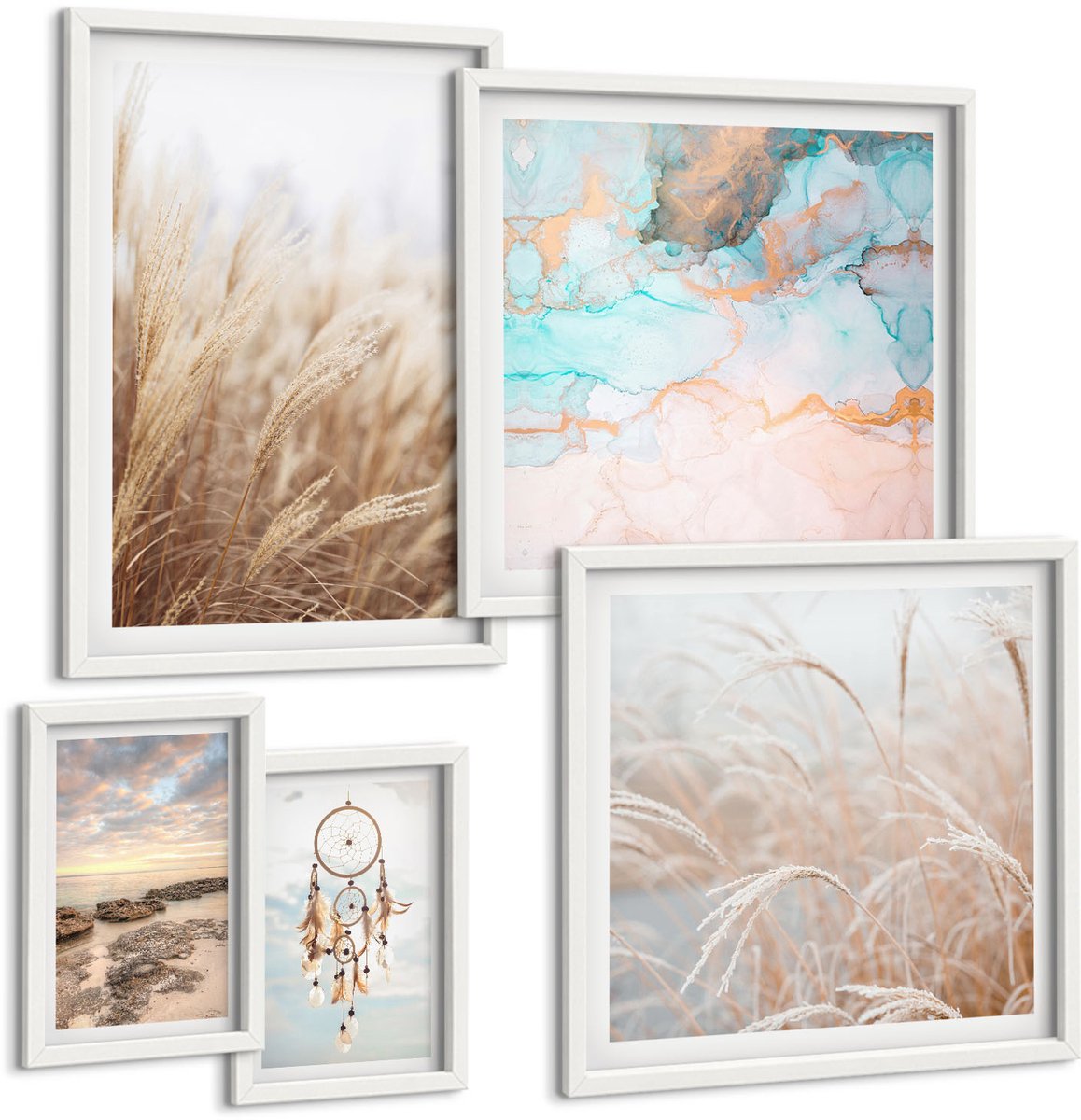 Coloray 5-Delige Schilderij Set - Natuurlijke Landschappen Met Boho-Motieven En Etnische Accenten. - 50 x 50 cm, 20 x 30 cm En 40 x 60 cm - Wanddecoratie - Woonkamer Decoratie