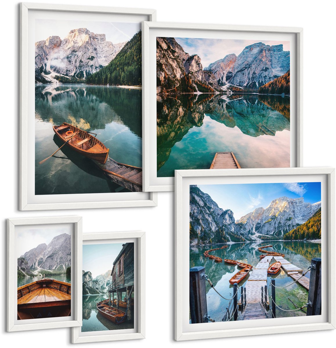 Coloray 5-Delige Schilderij Set - Rustige Meren Met Houten Bootjes In De Bergen - 50 x 50 cm, 20 x 30 cm En 40 x 60 cm - Muurdecoratie - Schilderijen Set - Woonkamer - Woonkamer Decoratie