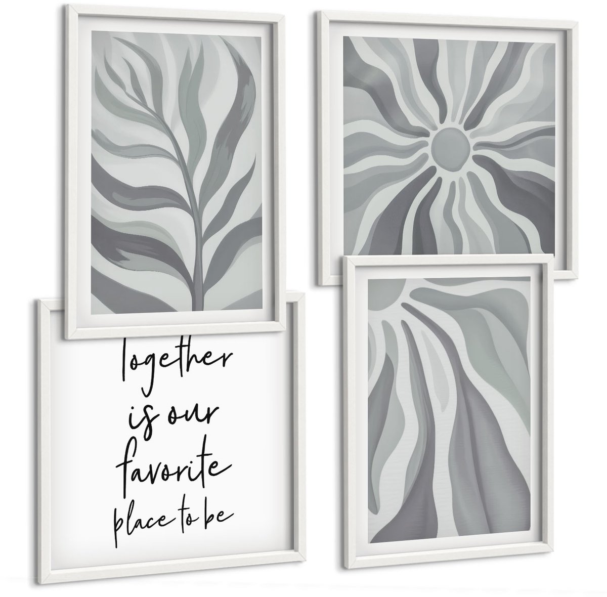 Coloray 4-Delige Schilderij Set - Bloemenpatronen In Pasteltinten, Illustraties En Belettering. - 40 x 40 En 40 x 60 - Wanddecoratie - Muurdecoratie - Woonkamer Witte lijst