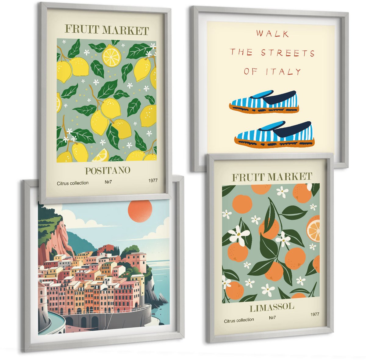 Coloray 4-Delige Schilderij Set - Fruitpatronen En Elementen Van De Italiaanse Cultuur - 40 x 40 cm En 40 x 60 cm - Wanddecoratie - Woonkamer Decoratie