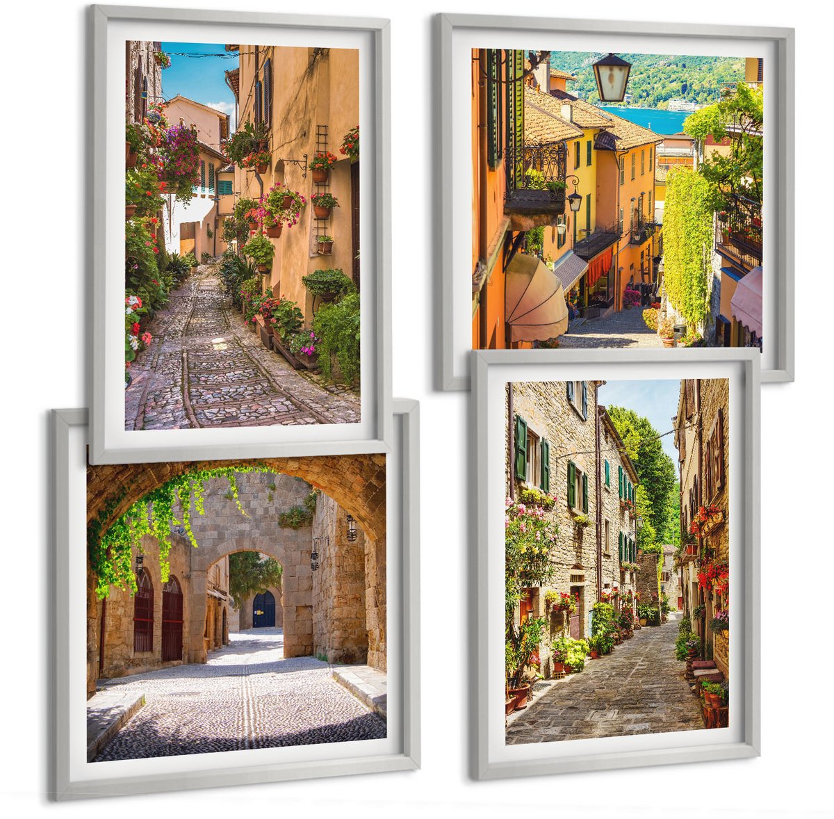 Coloray 4-Delige Schilderij Set - Italiaanse Straten Met Bloemen En Architectonische Landschappen - 40 x 40 cm En 40 x 60 cm - Moderne Wanddecoratie - Woonkamer