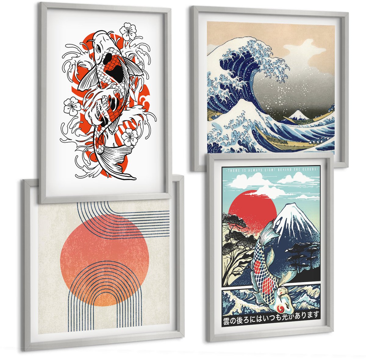 Coloray 4-Delige Schilderij Set - Illustraties Van De Visbergen En De Grote Golf Voor De Kust Van Kanagawa In Japanse Stijl. - 40 x 40 cm En 40 x 60 cm - Wanddecoratie - Schilderijen Set - Interieur - Muurdecoratie