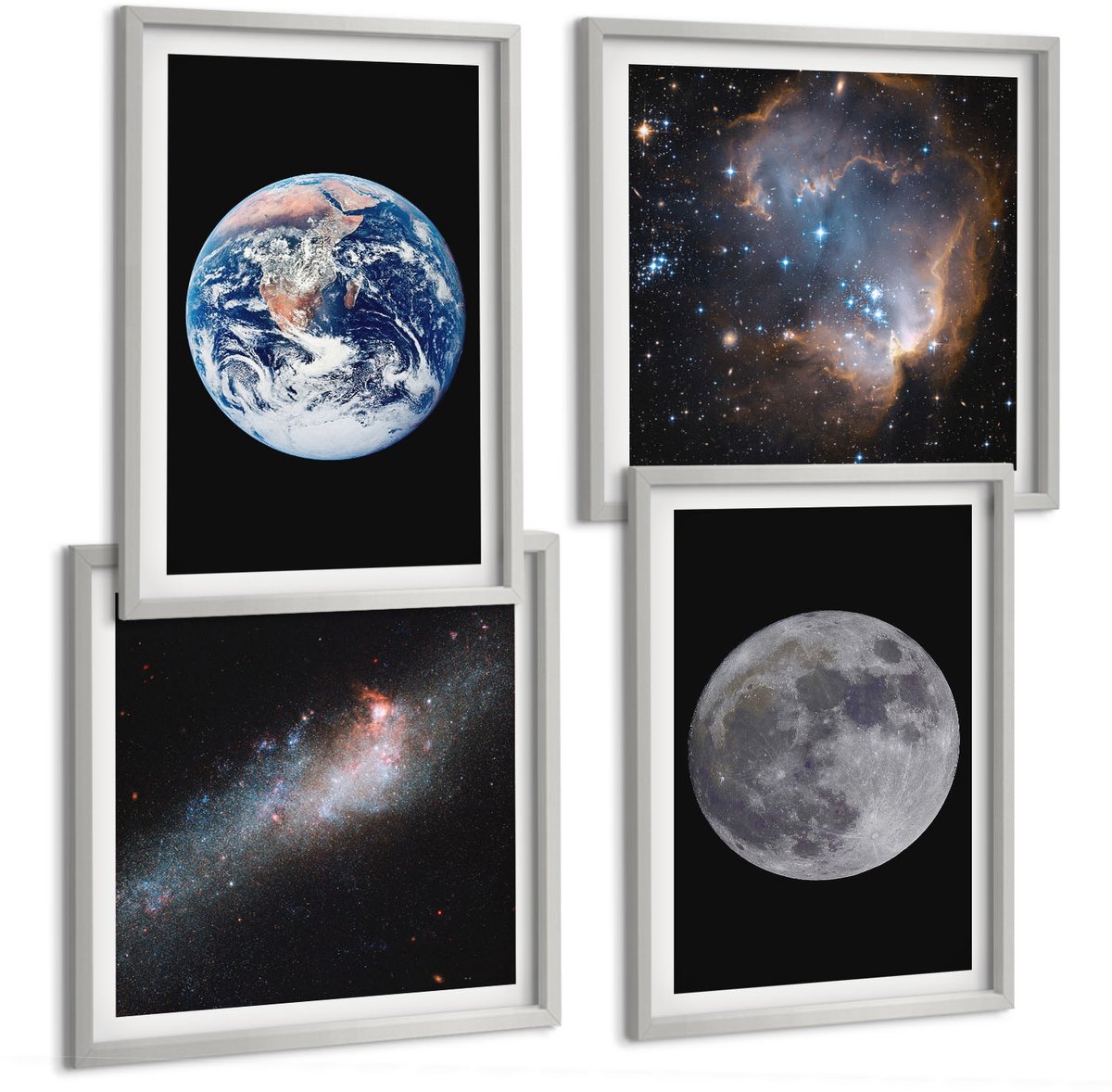 Coloray 4-Delige Schilderij Set - Ruimte, Melkweg, Sterren En Volle Maan - 40 x 40 cm En 40 x 60 cm - Stijlvolle Muurdecoratie - Kantoor - Moderne Wanddecoratie