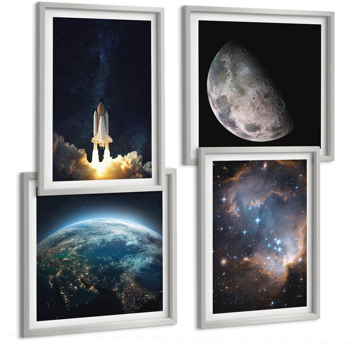 Coloray 4-Delige Schilderij Set - Ruimte Aarde Raket Melkweg Hemel Sterren - 40 x 40 cm En 40 x 60 cm - Wanddecoratie - Woonkamer Decoratie - Decoratieve Schilderijen