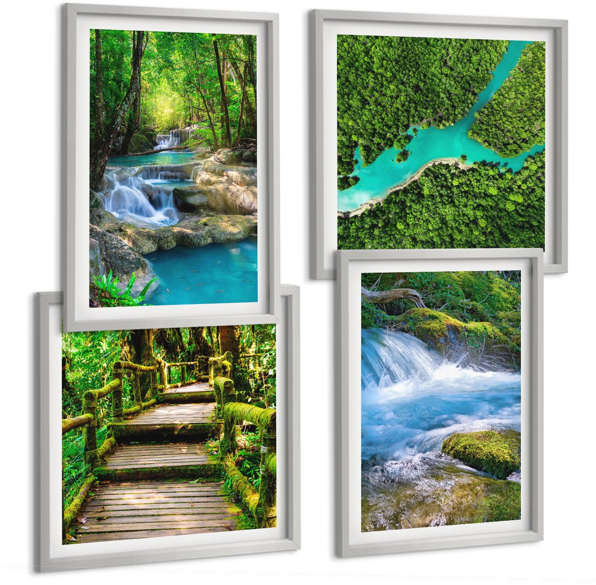 Coloray 4-Delige Schilderij Set - Groene Bossen En Kristalhelder Rivierwater - 40 x 40 cm En 40 x 60 cm - Decoratieve Schilderijen - Wanddecoratie - Hal