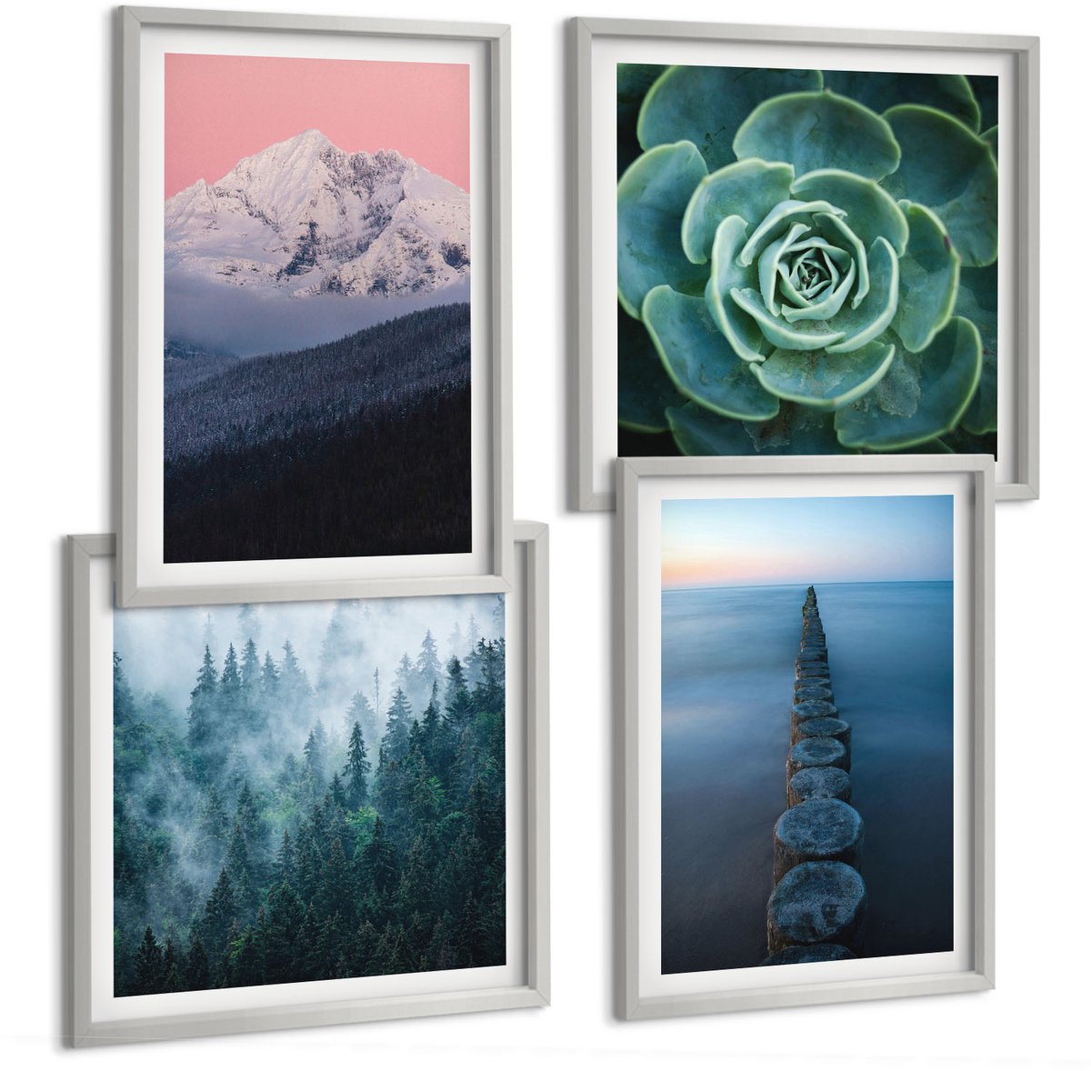 Coloray 4-Delige Schilderij Set - Bergen Met Roze Lucht, Water En Groene Vetplanten - 40 x 40 cm En 40 x 60 cm - Stijlvolle Muurdecoratie - Slaapkamer - Woonkamer Decoratie