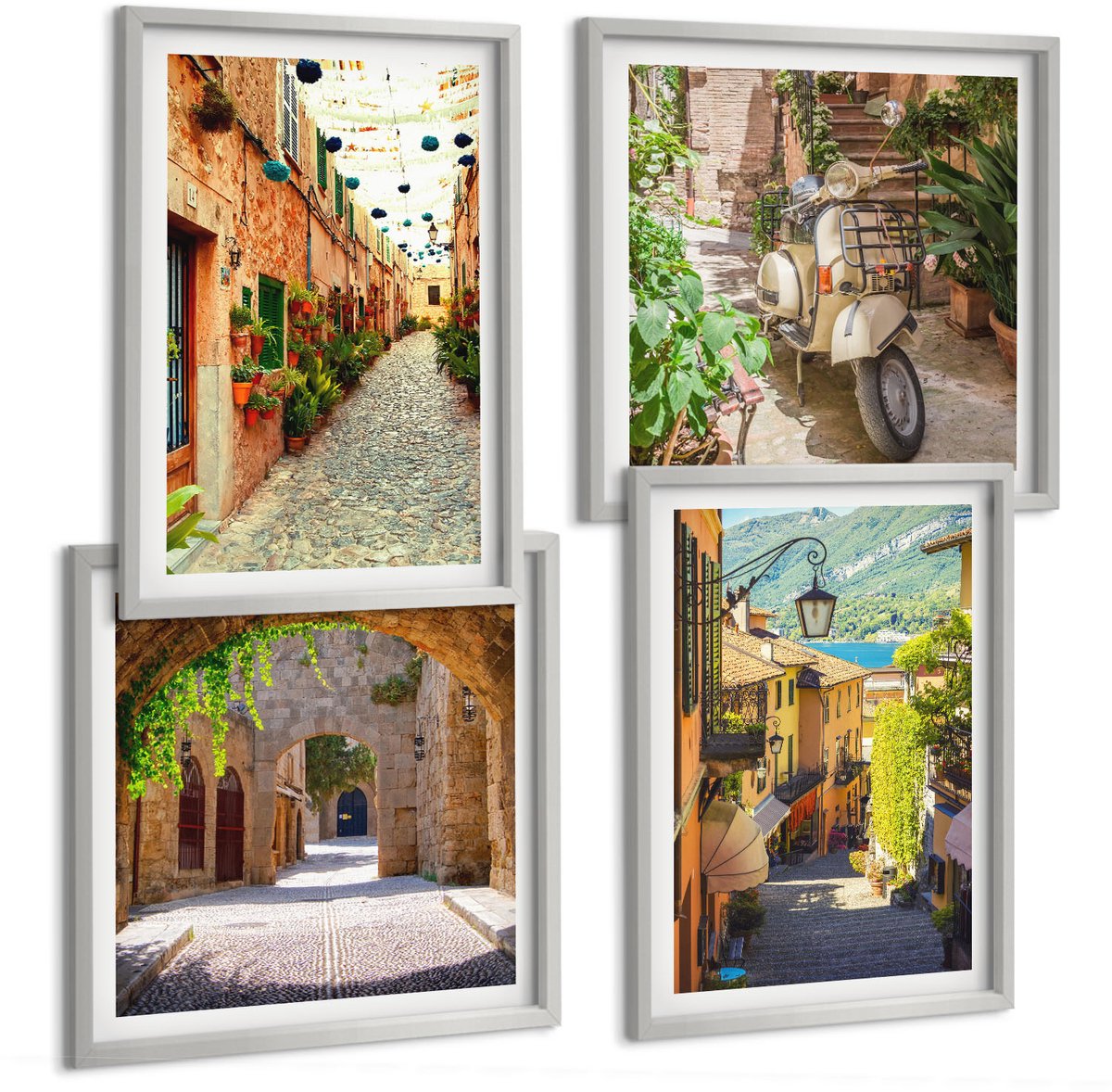 Coloray 4-Delige Schilderij Set - Sfeervolle Straatjes Met Planten En Italiaanse Pizza - 40 x 40 cm En 40 x 60 cm - Muurdecoratie - Wanddecoratie - Slaapkamer - Interieur Decoratie
