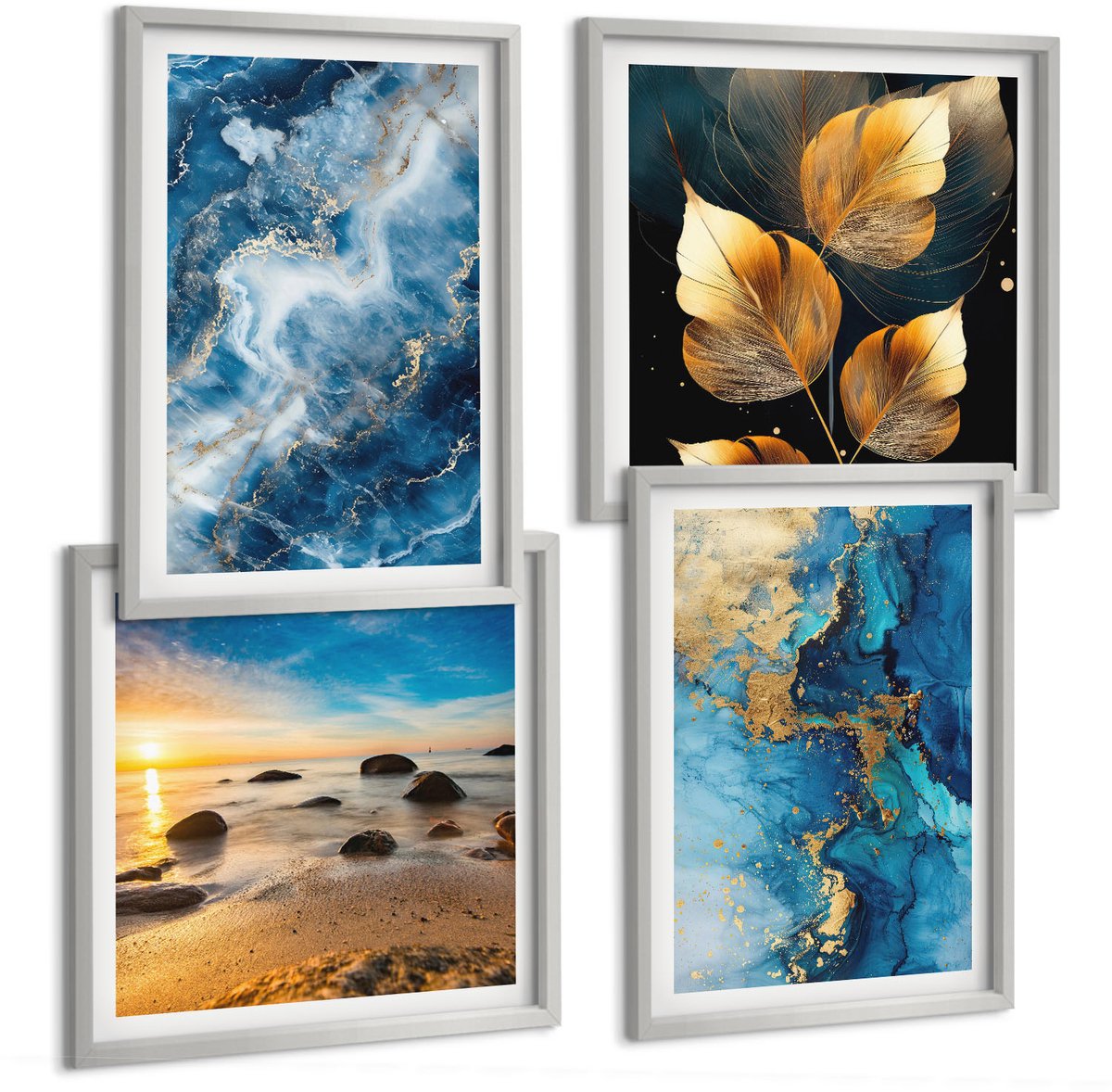 Coloray 4-Delige Schilderij Set - Blauwe Abstracte Patronen - 40 x 40 cm En 40 x 60 cm - Moderne Wanddecoratie - Woonkamer - Decoratieve Schilderijen