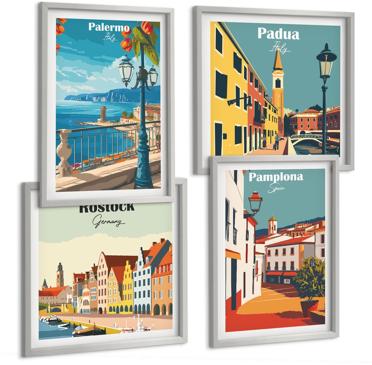 Coloray 4-Delige Schilderij Set - Populaire Steden In Retro Illustratieve Stijl - 40 x 40 cm En 40 x 60 cm - Muurdecoratie - Wanddecoratie - Hal