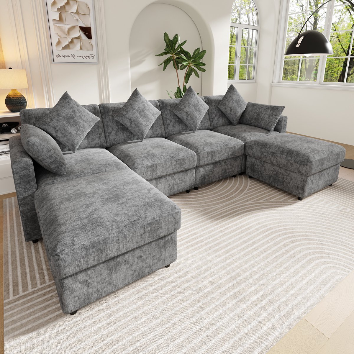 Multifunctionele Hoekbank, U-Bank, 4-Zits Bank, Modulaire U-/L-Vormige Chenille Bank Met 2 Poefjes, Converteerbare Hoekcouch Met Verstelbare Armleuningen, Opbergruimte, Beige