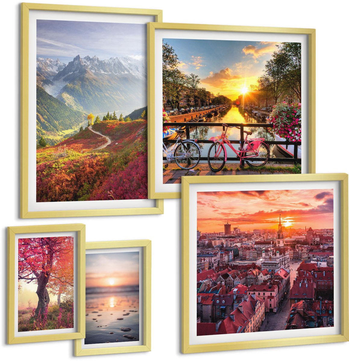 Coloray 5-Delige Schilderij Set - Berglandschappen En Uitzichten Op De Natuur In Stedelijke Gebieden - 50 x 50 cm, 20 x 30 cm En 40 x 60 cm - Muurdecoratie - Wanddecoratie - Slaapkamer - Interieur Decoratie