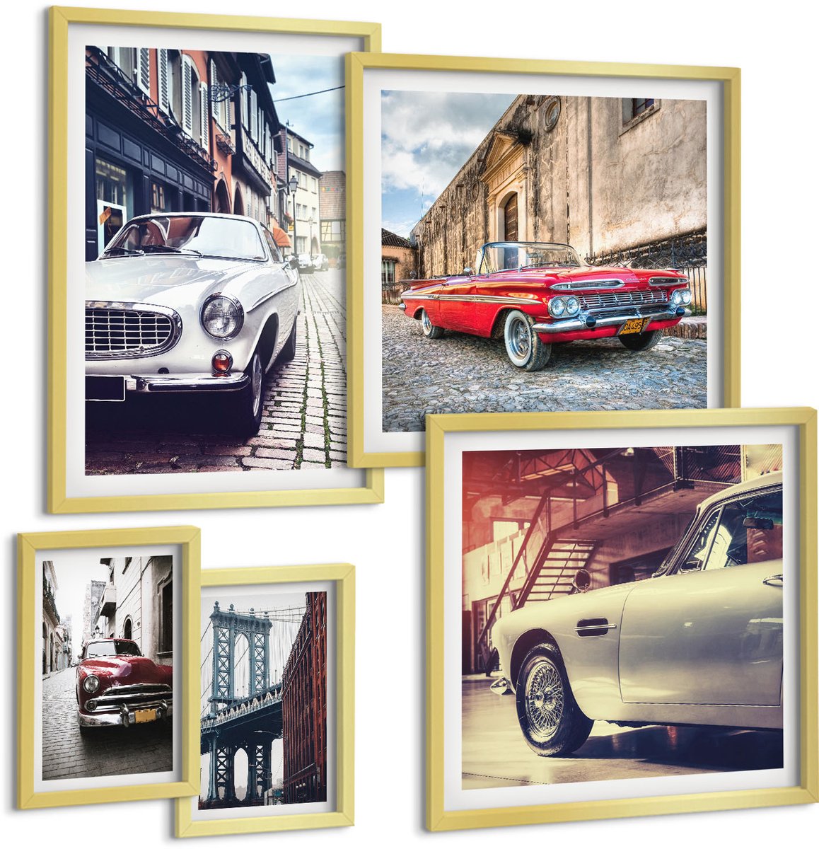 Coloray 5-Delige Schilderij Set - Stijlvolle Klassieke Auto'S In Stedelijke Omgevingen - 50 x 50 cm, 20 x 30 cm En 40 x 60 cm - Stijlvolle Muurdecoratie - Slaapkamer - Moderne Wanddecoratie