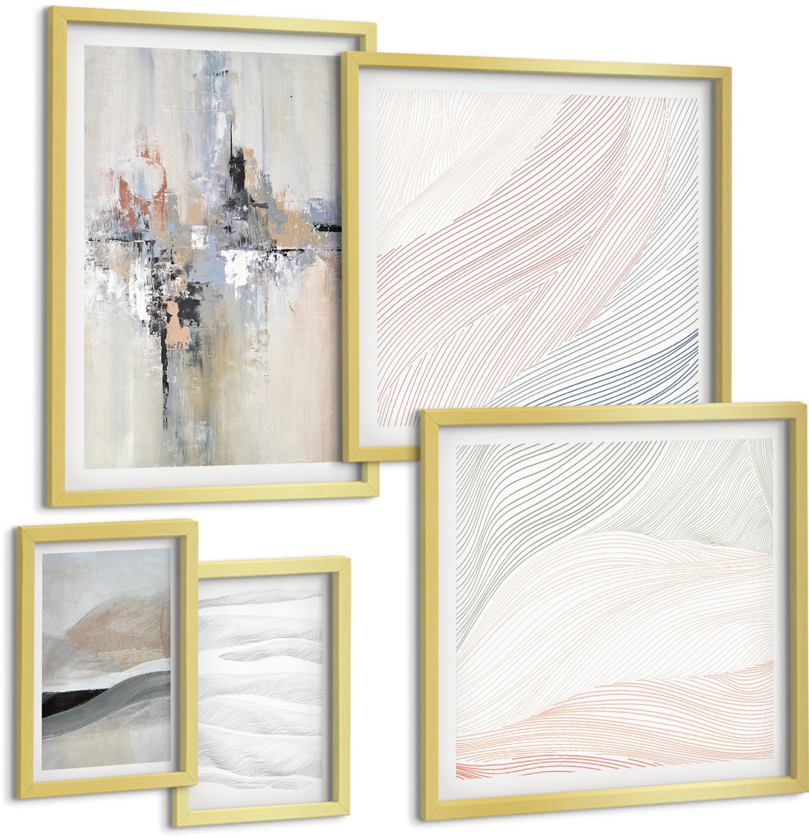 Coloray 5-Delige Schilderij Set - Abstracte Composities In Subtiele Tinten En Vormen. - 50 x 50 cm, 20 x 30 cm En 40 x 60 cm - Muurdecoratie - Decoratieve Schilderijen - Wohnzimmer - Stijlvolle Muurdecoratie