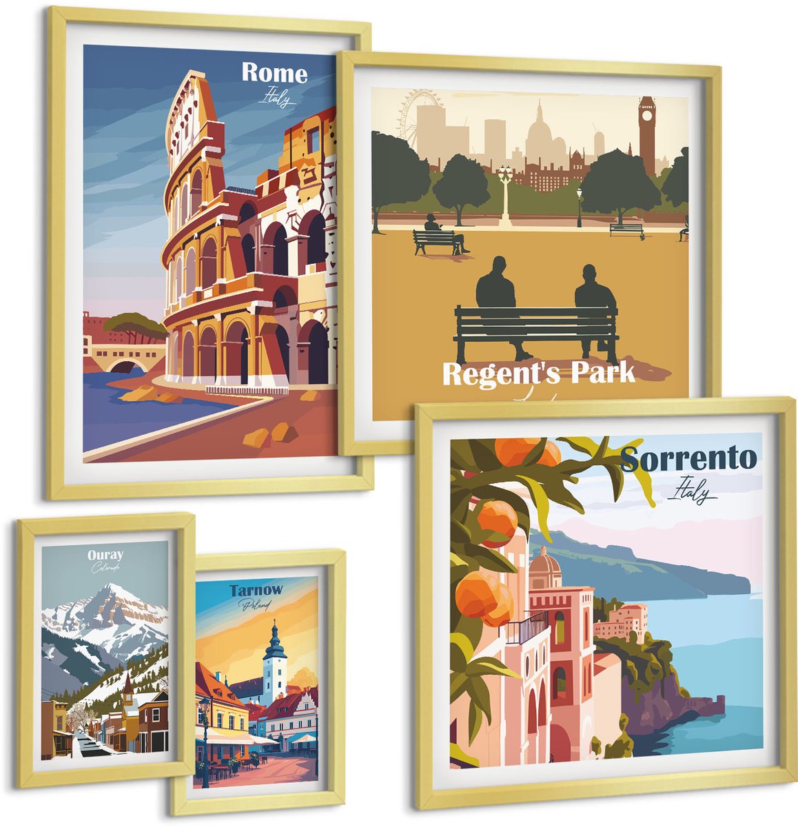 Coloray 5-Delige Schilderij Set - Europese Stadsgezichten En Pittoreske Uitzichten - 50 x 50 cm, 20 x 30 cm En 40 x 60 cm - Wanddecoratie - Moderne Interieurdecoratie - Stijlvolle Muurdecoratie