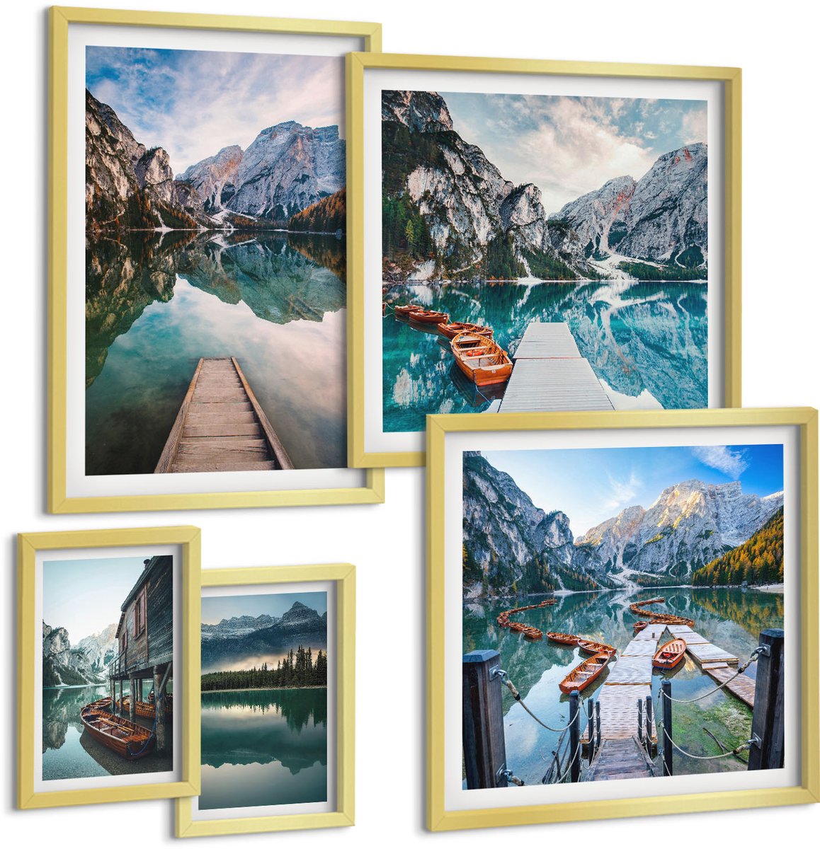 Coloray 5-Delige Schilderij Set - Bergmeren En Pittoreske Natuurgezichten - 50 x 50 cm, 20 x 30 cm En 40 x 60 cm - Muurdecoratie - Decoratieve Schilderijen - Wohnzimmer - Moderne Wanddecoratie