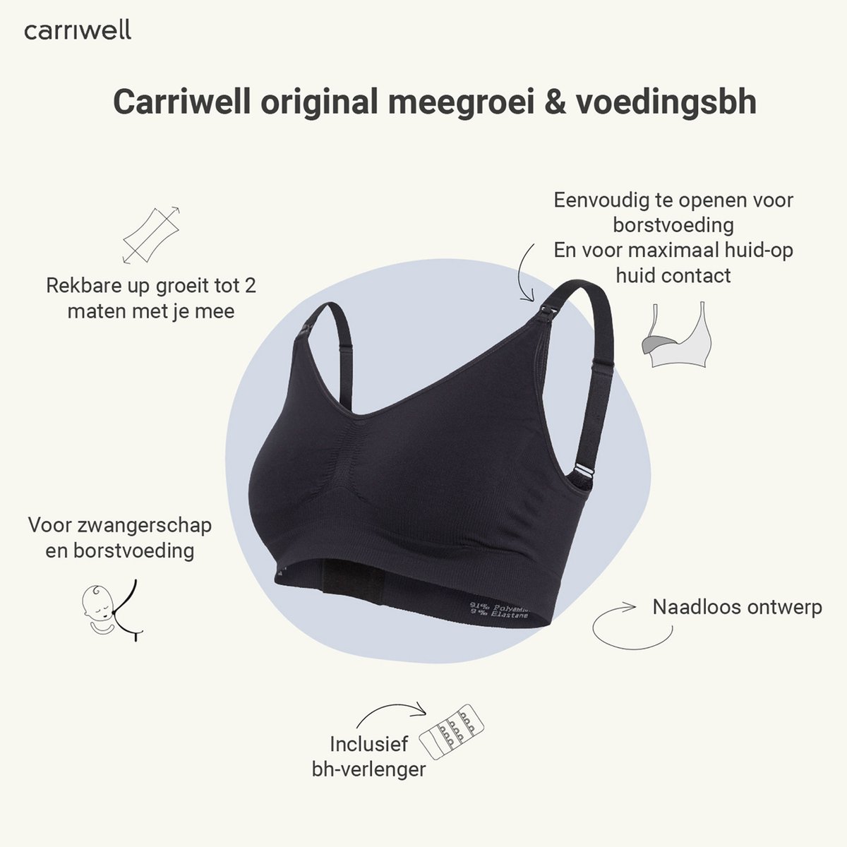 Carriwell Padded Voedingsbh met Uitneembare Pads - Zwangerschapsbh - Zwart Black