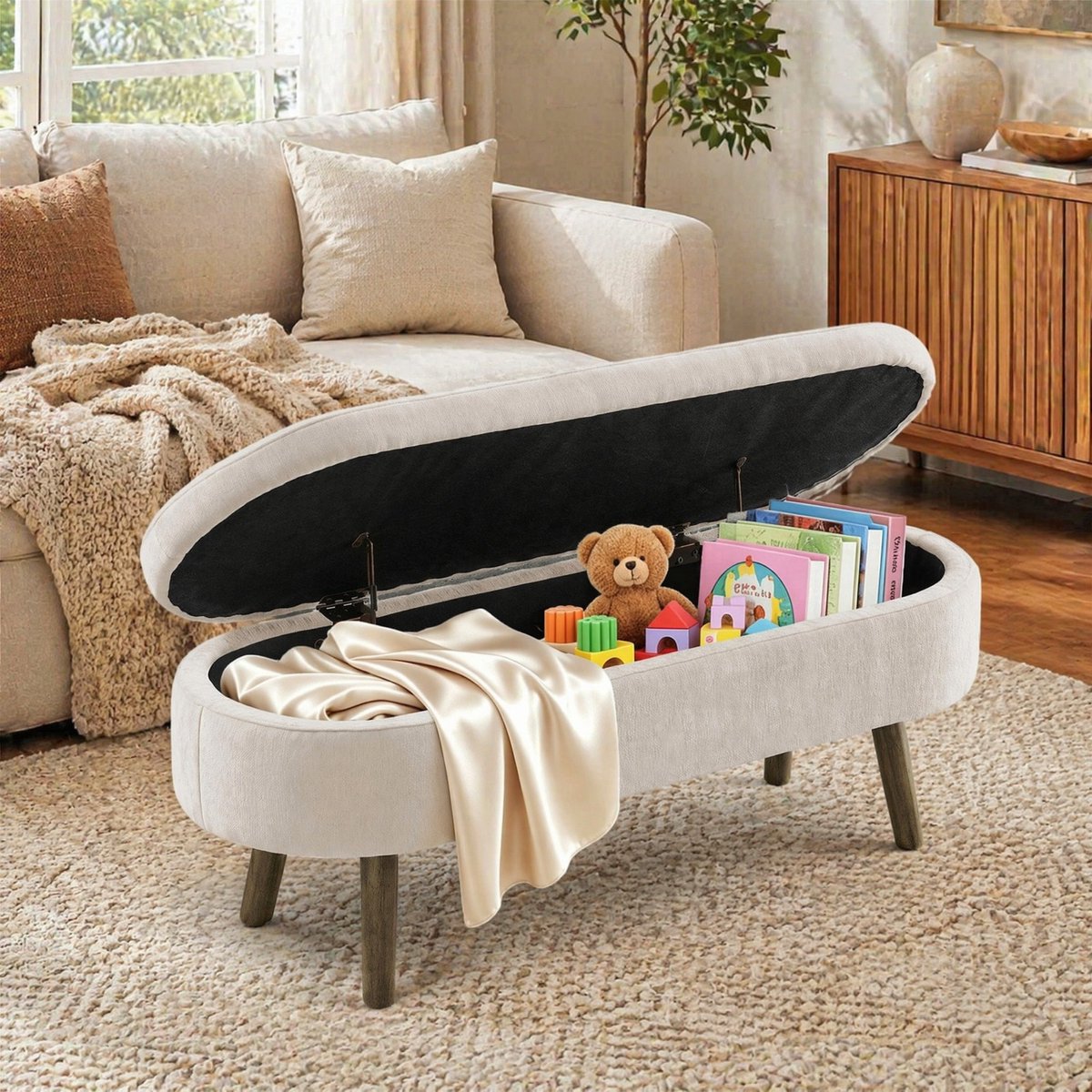 MODFU - Opbergbank - Chenille - Beige - Hout - 110 X 40 X 42 Cm