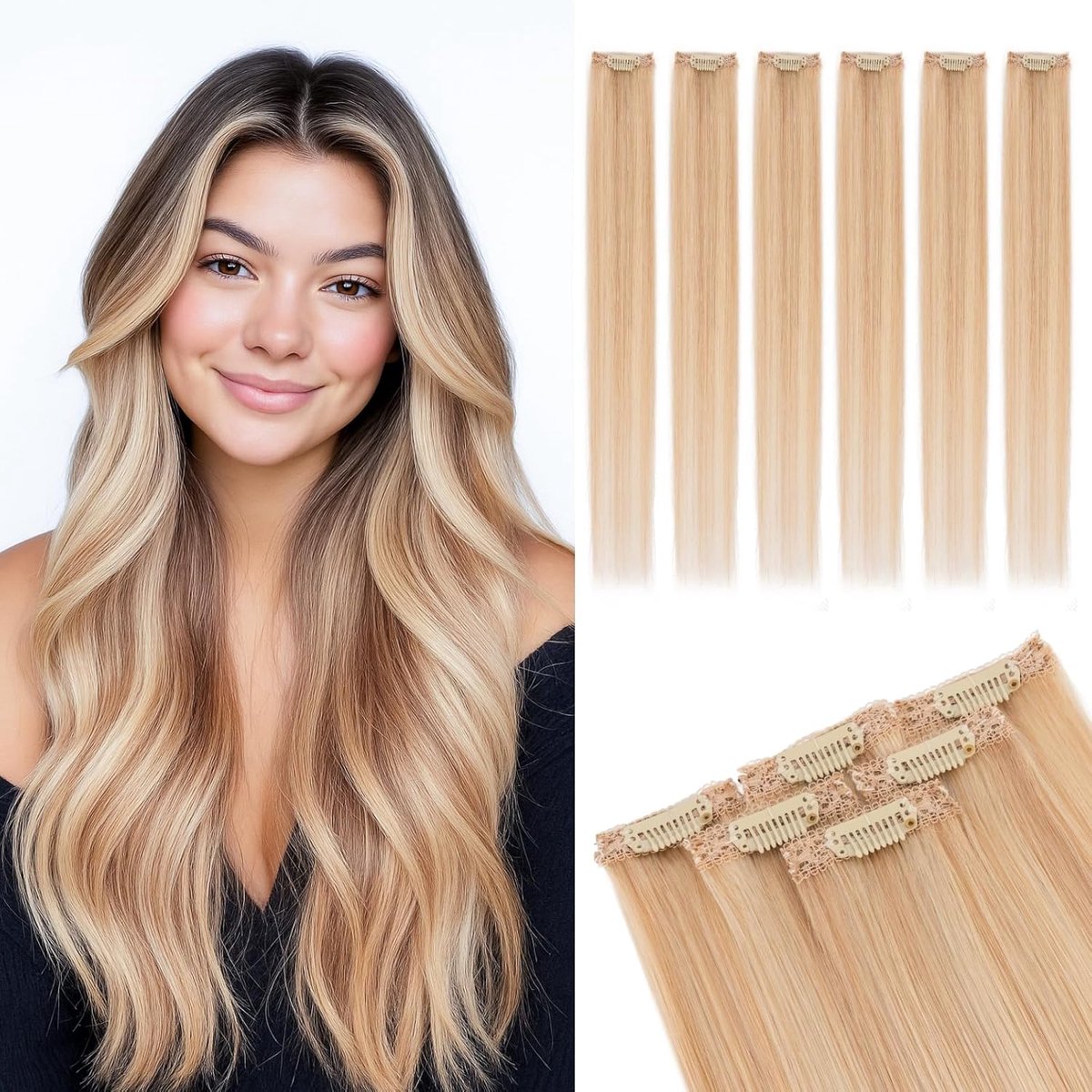 Clip-in extensies van echt haar, 6 stuks, 25 cm, haarverlenging, natuurlijk, enkele clip, haarextensies, highlights voor vrouwen, glad, asblond/blond (#18P613, 31 g)