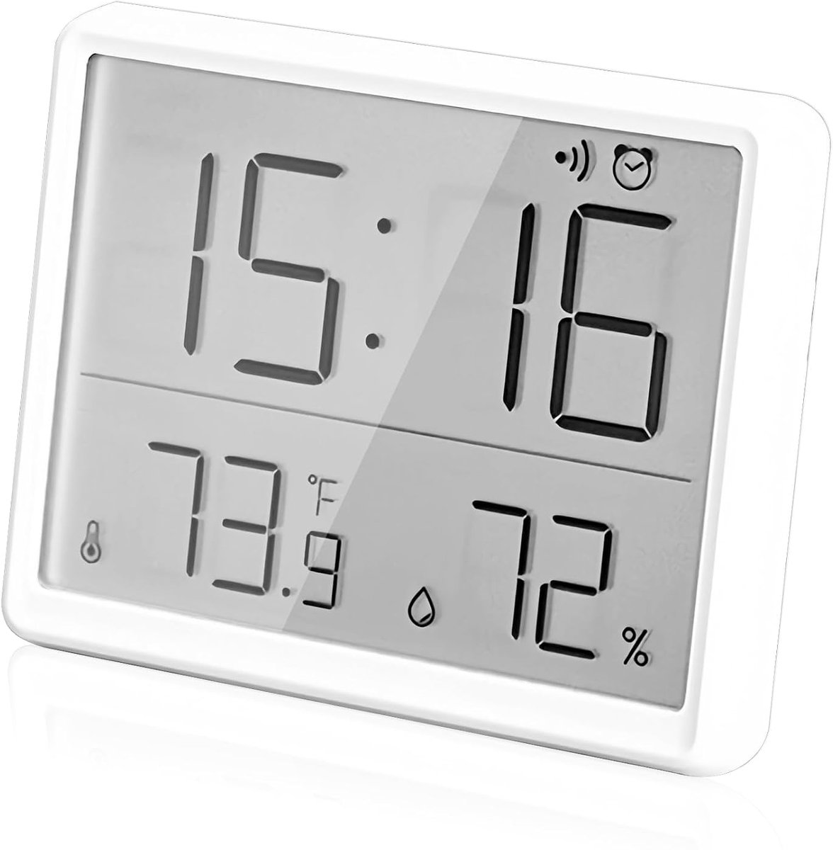 Wekker met temperatuur en luchtvochtigheid, lcd-wekker, digitaal magnetisch zuigend, multifunctionele reiswekker, werkt op batterijen, 12/24 uur ℃/°F, wit