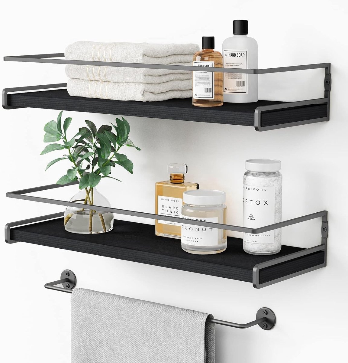 Drijvende Wandplanken Set met Handdoekrek, Ideaal voor Badkamer, Keuken en Woonkamer, Ruimtebesparende Oplossing voor Organisatie en Decoratie