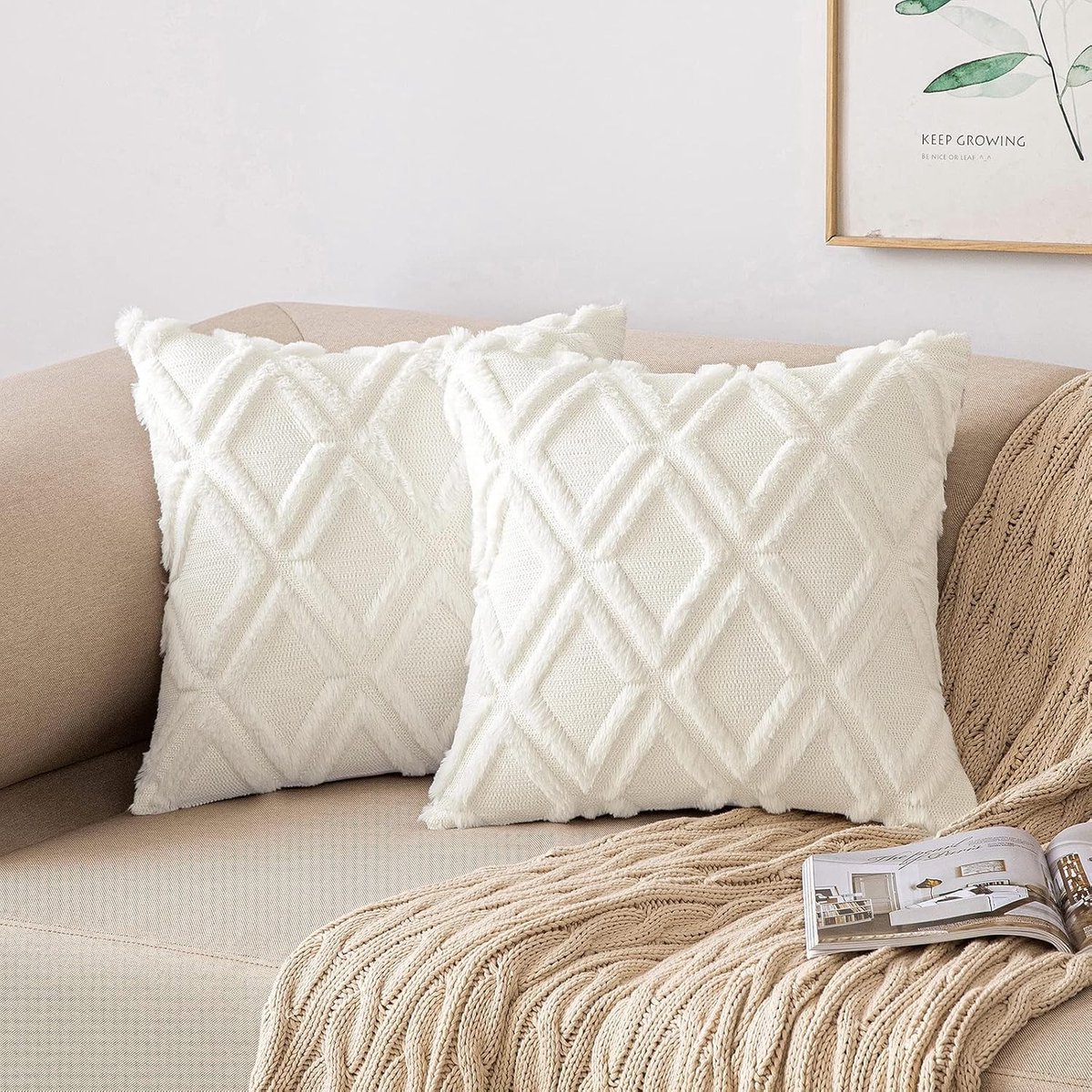 Set van 2 Boho Decoratieve Kussenhoezen van Wolvelours voor Bank en Slaapkamer 45 x 45 cm Melkwit met Luxe Afwerking