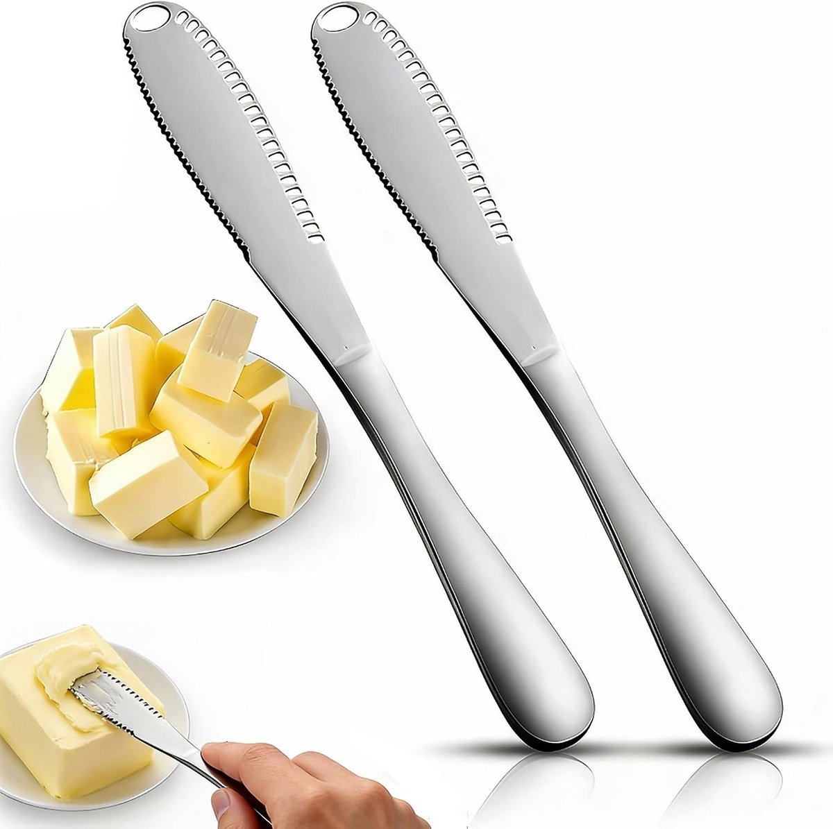Multifunctionele RVS Botermes en Spreader Set van 2, 3-in-1 Koud Botermes met Gezaagde Rand voor Kaas, Perfect voor Toast, Brood en Jam, Keukenaccessoires