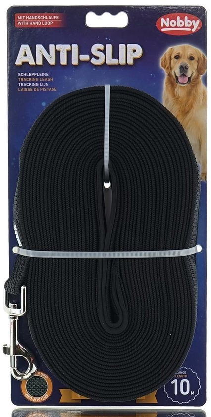 Nobby Sleeplijn 10 meter - Anti Slip - Neopreen - Zwart - Looplijn - Hondenriem - Trainingslijn