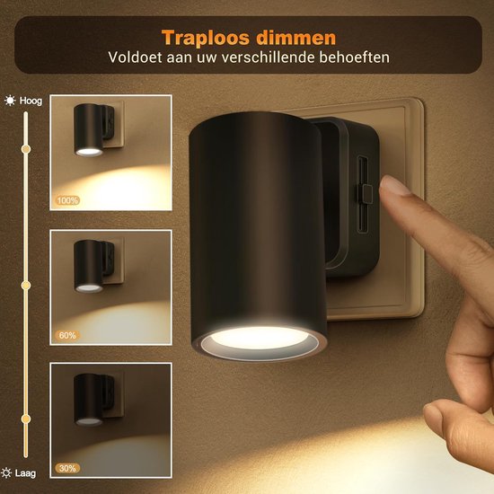 Nachtlamp - Stopcontact lamp - Donkerte Verlichting - Draaibaar 320 graden - 0-100 Lumen - Zwart — afbeelding 5