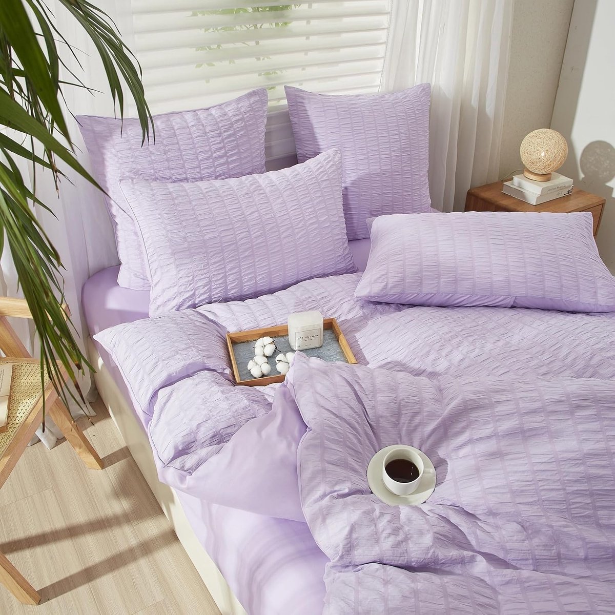 Dekbedovertrekset 155x220 cm - 3-delig Seersucker - Gestreept - Met Ritssluiting - Paars