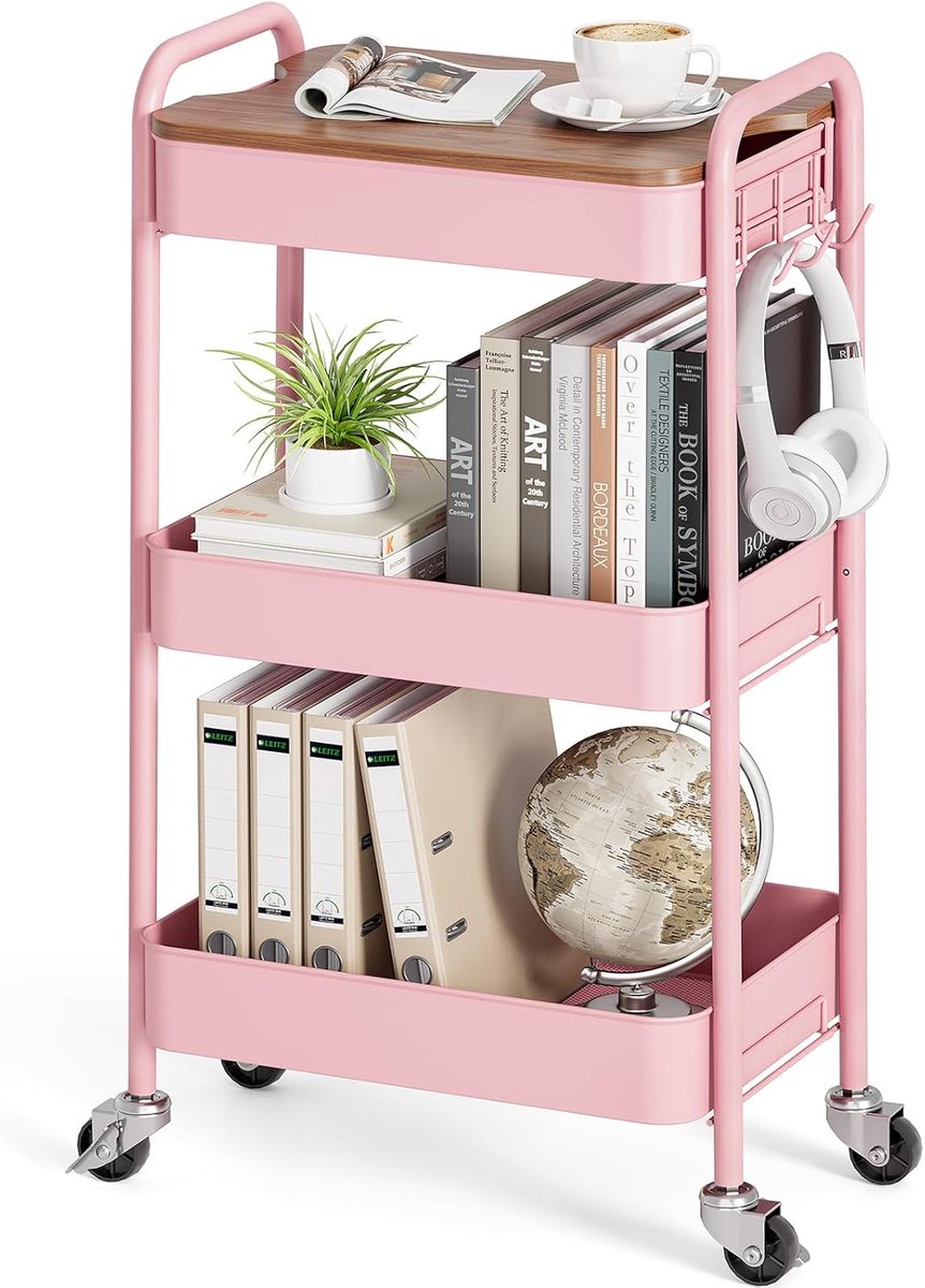 KINGRACK 3-laags rollende opbergwagen met tafelblad, metalen opbergwagen op wielen, utility-organizer met houten lade - ShopVlot