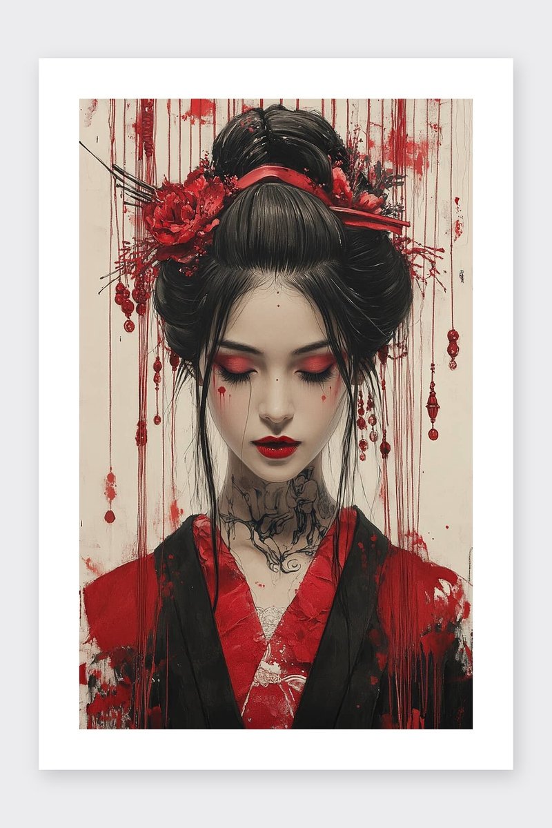 Geisha Poster - Oosterse - Portret - Kunst ië - Cultuur - Stijlvolle - posters - formaat 30x40cm - Wanddecoratie - BXS5081MT - Met kader - passe-partouts stijl