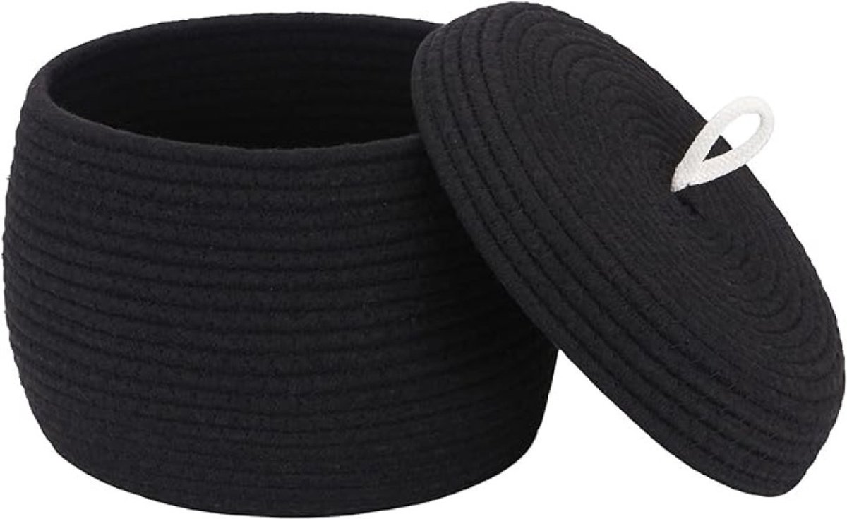PolkaHome Ronde opbergmand van katoenen touw met deksel, decoratieve geweven opbergbak, 25 x 17,5 cm (klein, zwart)