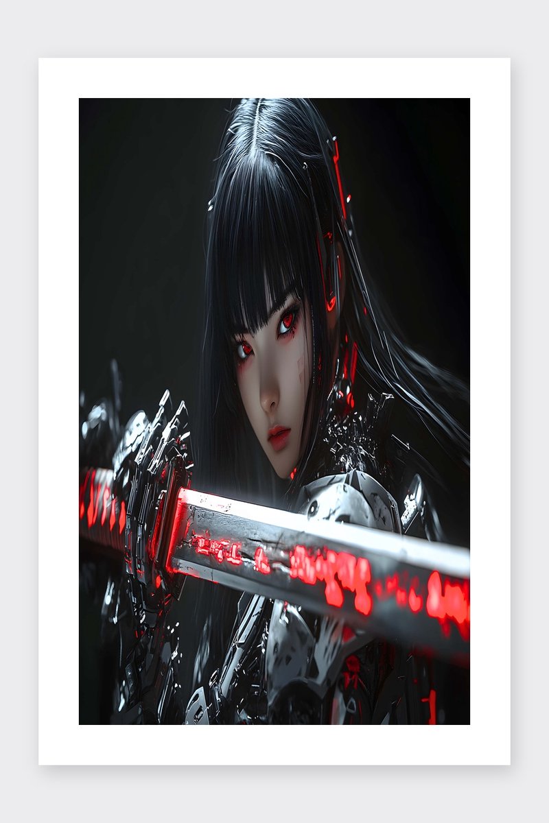 Meisje Poster - Zwaard - Cyborg - Wapen - Actie - Futuristisch - posters - formaat 30x40cm - Wanddecoratie - BXS4006MT - Met kader - passe-partouts stijl