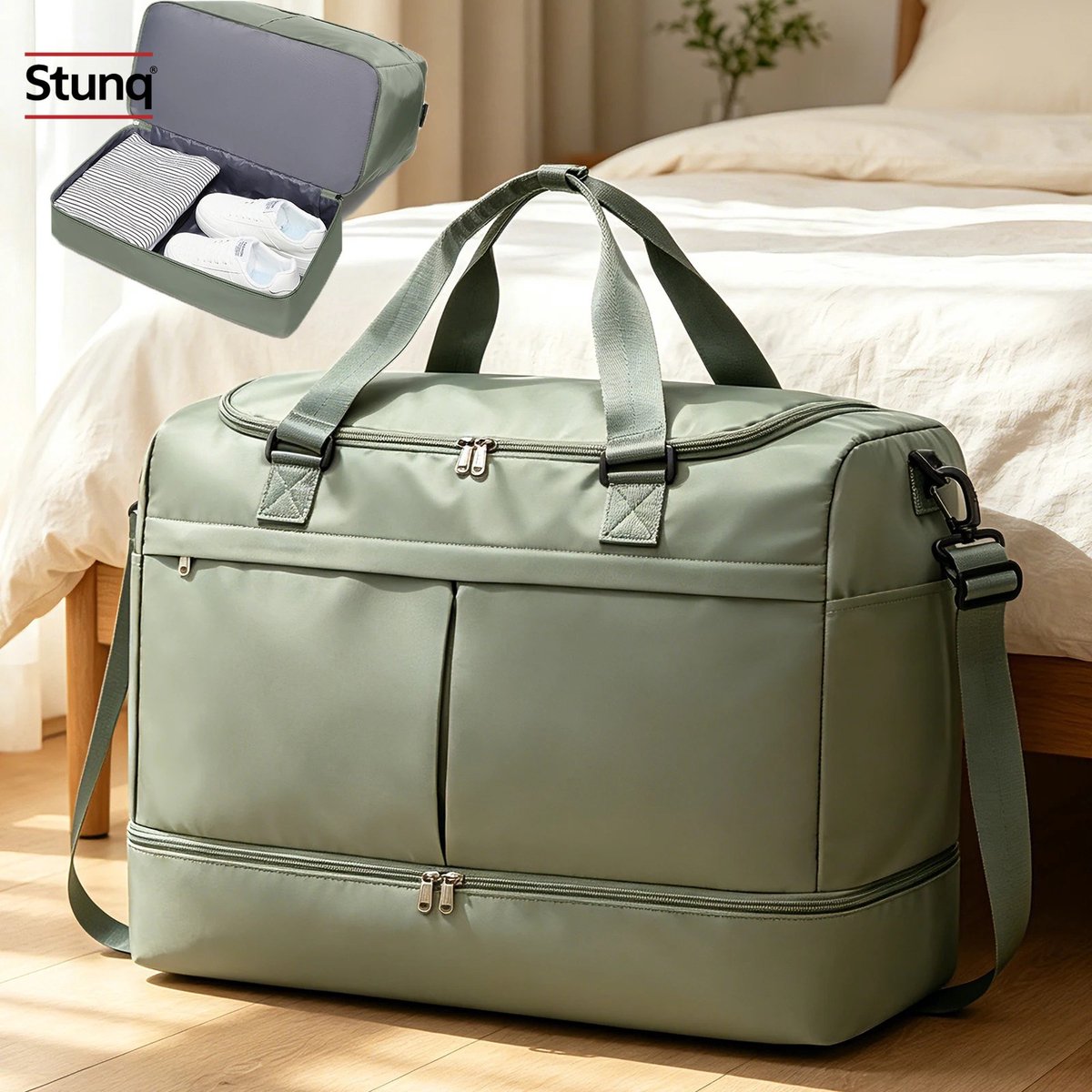 Stunq® Grote reistas met schoenencompartiment, groen - handbagage/weekendtas voor dames