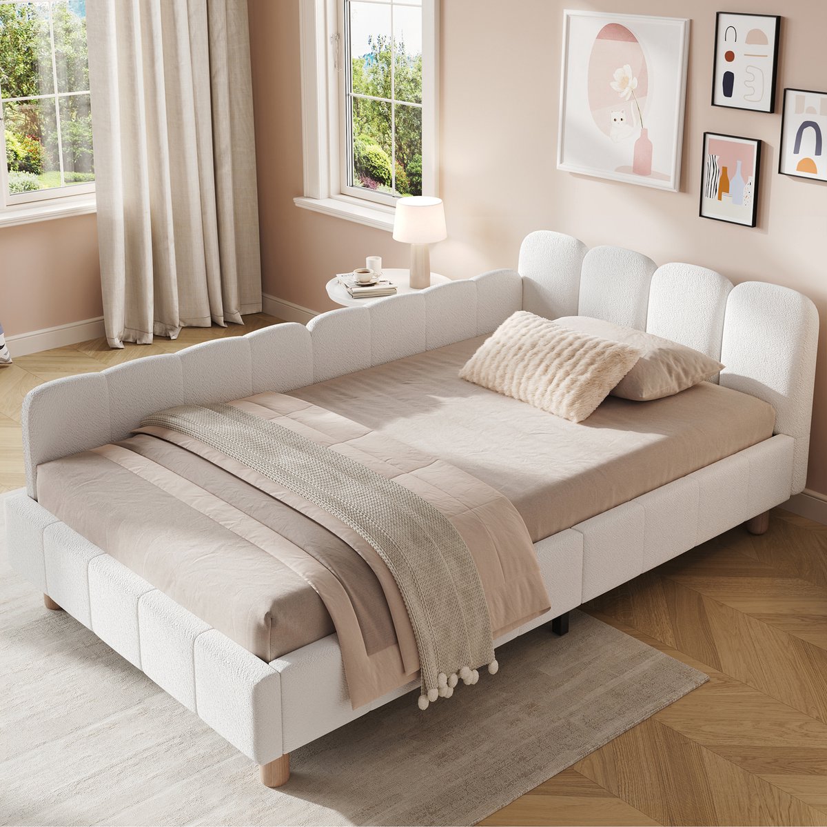 REDOM Gestoffeerd kinderbed - Geïntegreerde uitvalbeveiliging - Lattenbodem inbegrepen - Bouclé - Kinderkamer - Hout - Beige - 90 x 200 cm
