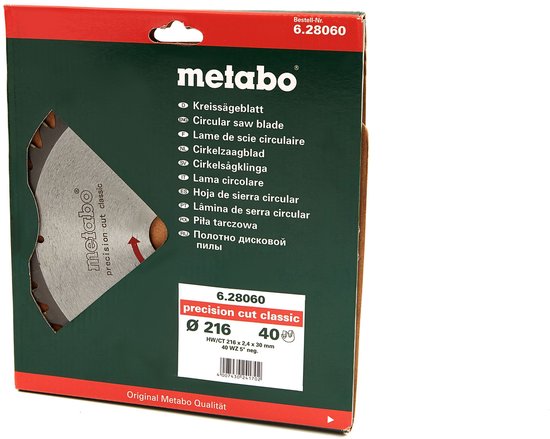 Metabo cirkelzaagblad, precision cut classic, Ø 216, 40 WZ, met rode en zwarte opdruk.