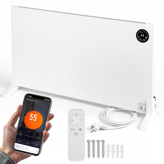 Witte infrarood paneelverwarming met digitale display, afstandsbediening, mobiele app en montagebeugels.