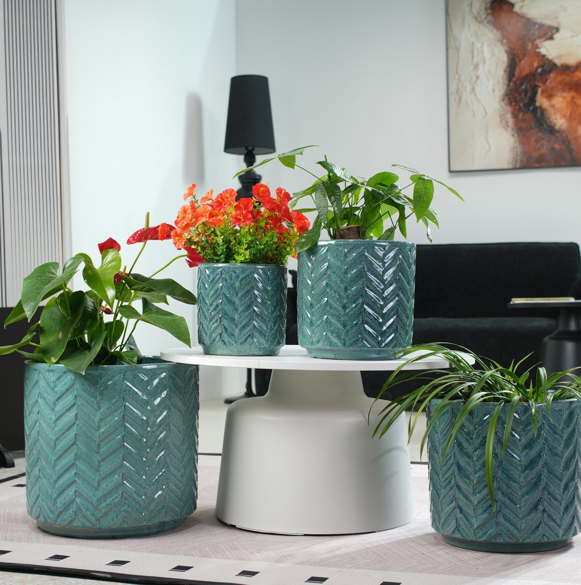 MIVRAY Bloempot – Handgemaakt Keramiek Met Visgraat Reliëf – 38 cm – Aqua Blauw – Rond – Voor Binnen En Buiten – Vorstbestendig
