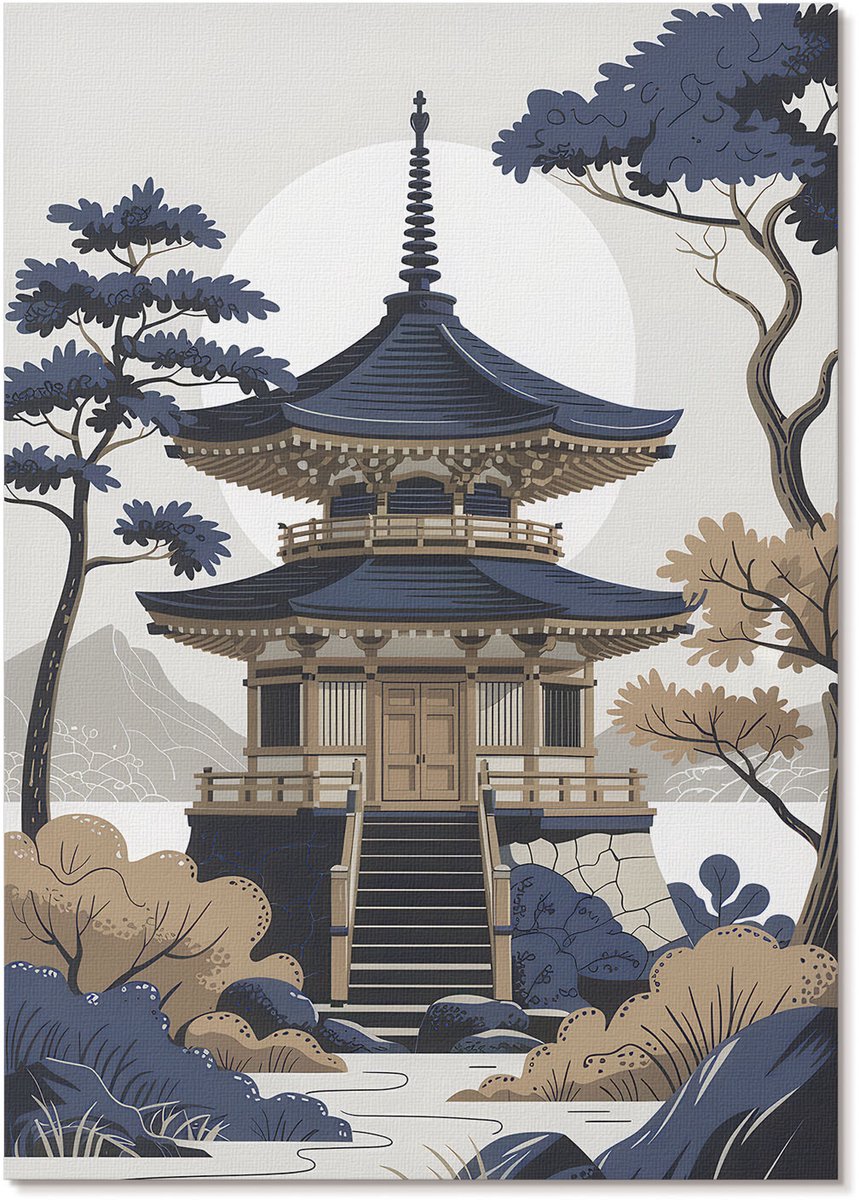 Tulup Polycanvas Wandposter - Japanse Tempel, Illustratie - A4 - Beige Motief - Rechthoek - Interieurdecoratie - Woonkamer, Slaapkamer, Kantoor - Japanse