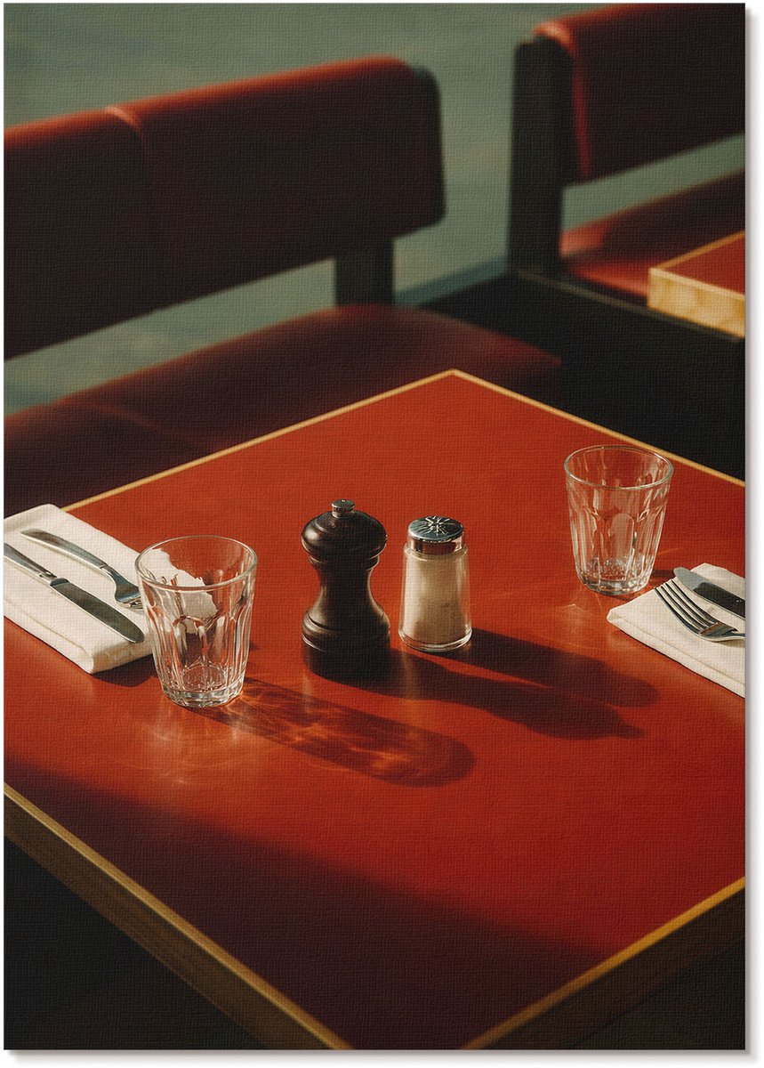 Tulup Polycanvas Wandposter - Een Tafel In Een Restaurant, Fotografie - A4 - Rood Patroon - Rechthoek - Muurkunst - Woonkamer, Slaapkamer, Kantoor - Retro