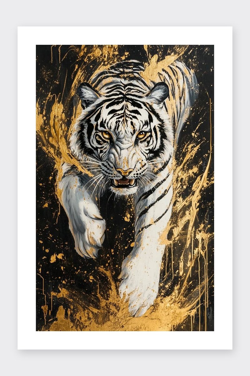 Witte Tijger Poster - Goud - Dieren - Krachtig - Dynamisch - Kunst - Majestueus - posters - formaat 30x40cm - Wanddecoratie - BXS5313CW - Met kader - passe-partouts stijl