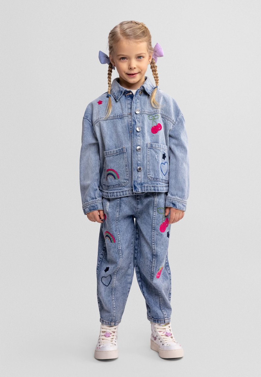 Minoti spijkerbroek meisjes blauw denim geborduurd - barrel fit
