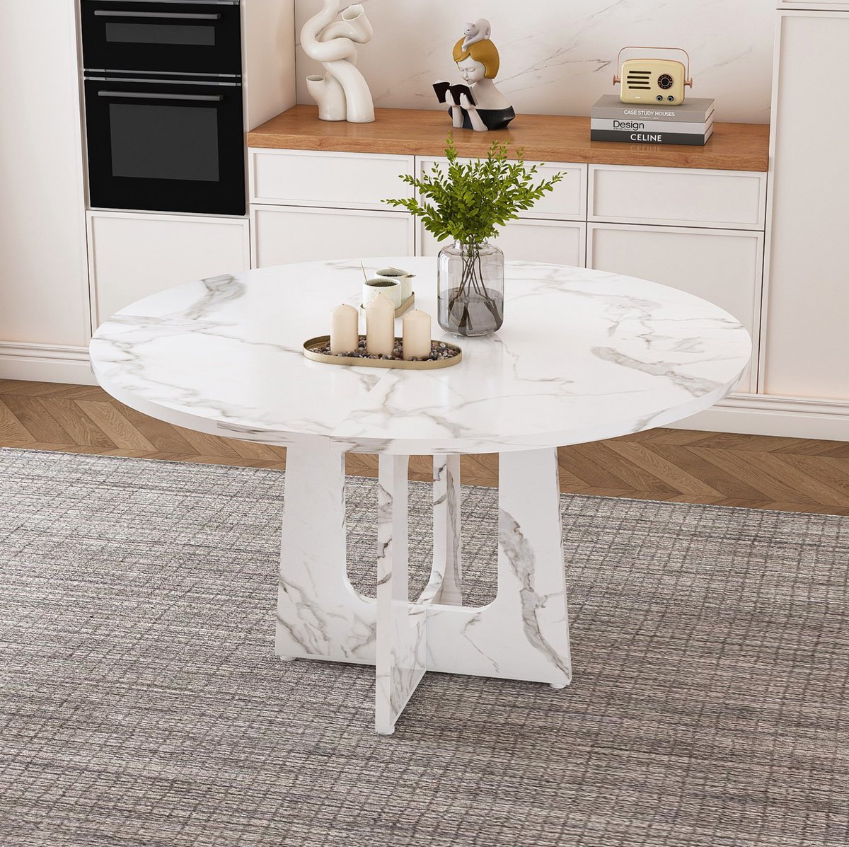 MODENUIT Eettafel - Ronde Tafel Voor 4 Personen - Voor Eetkamer Thuis - MDF Wit Marmerlook - 120x76 Cm