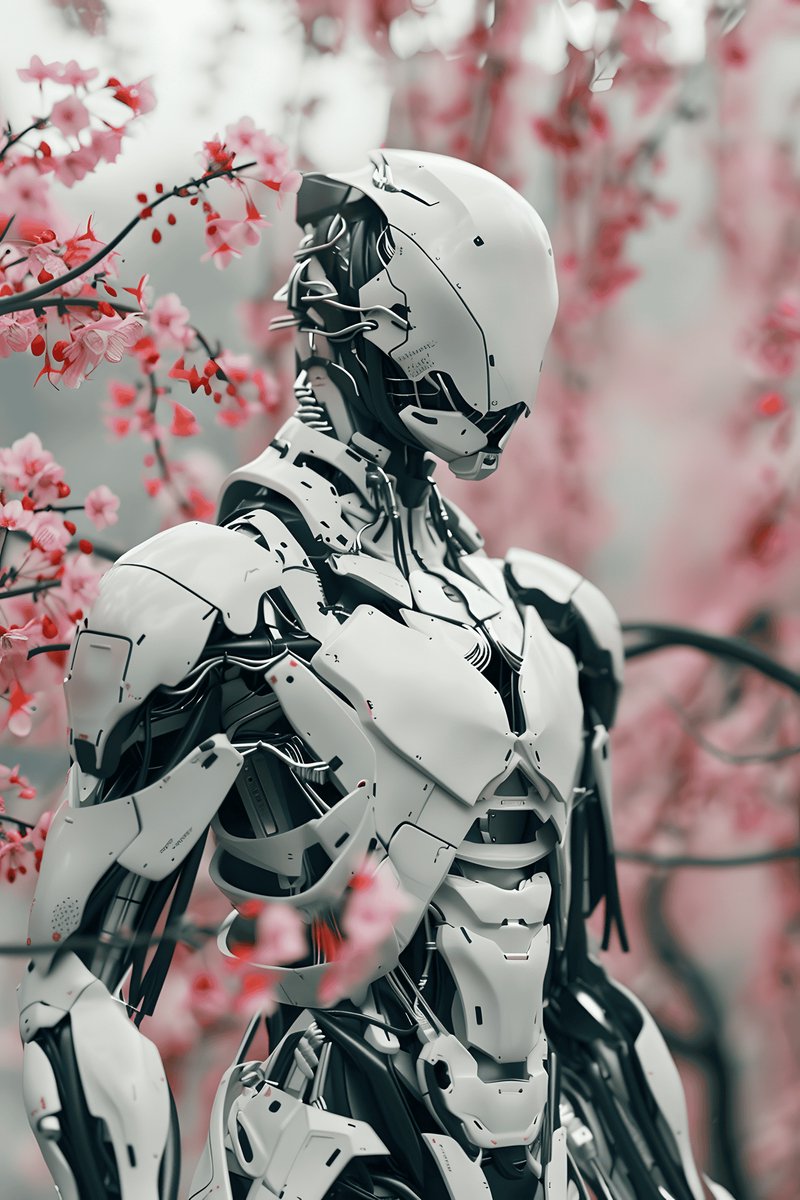 Witte Sakurarobot Poster - Robot - Sakura - Witte - Serene - Esthetisch - posters - formaat 70x100cm - Wanddecoratie - L2538MT