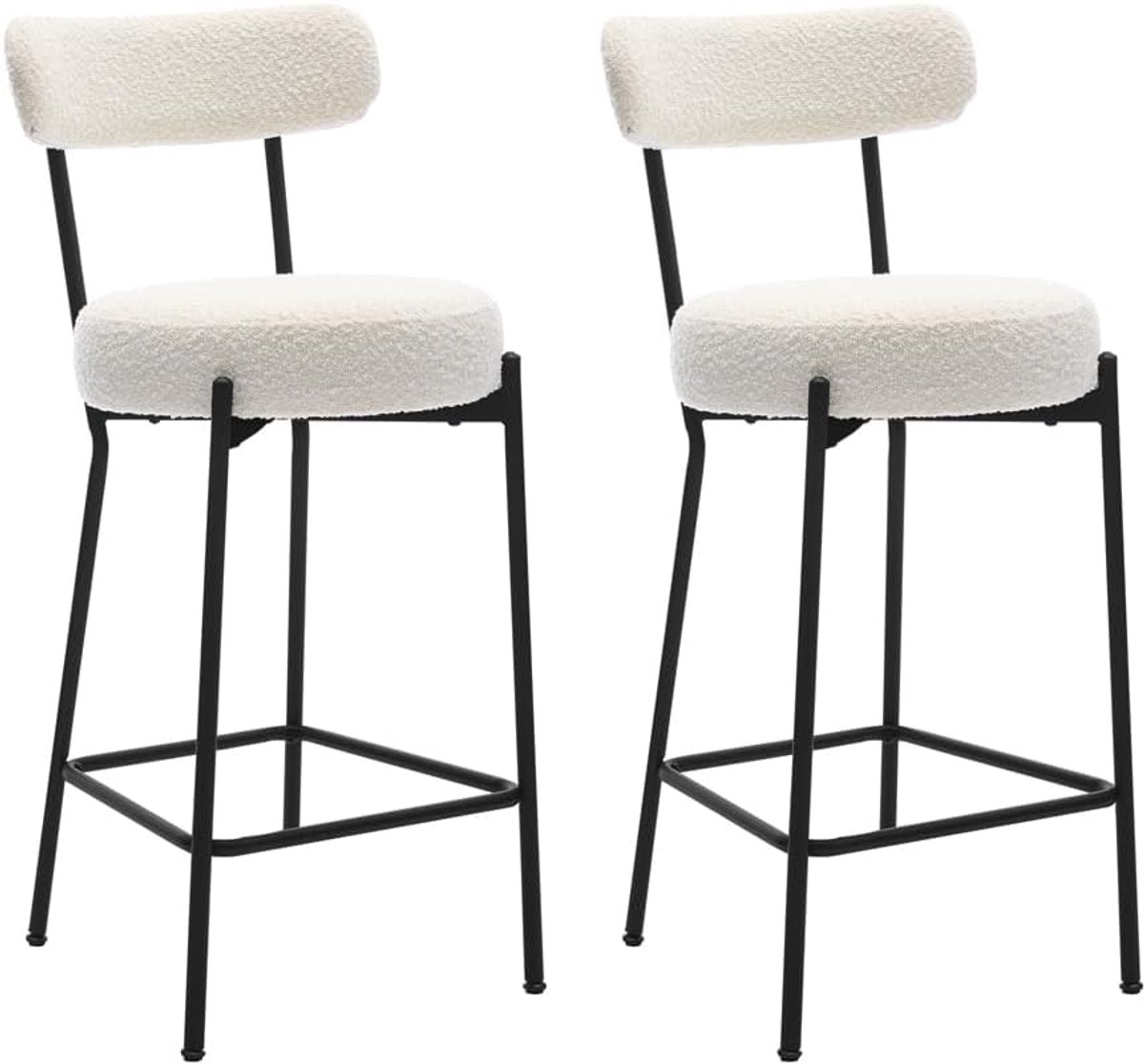 Set van 2 moderne barkrukken op barhoogte – gestoffeerde rugleuning – zachte zitting – metalen poten en voetsteun – beige