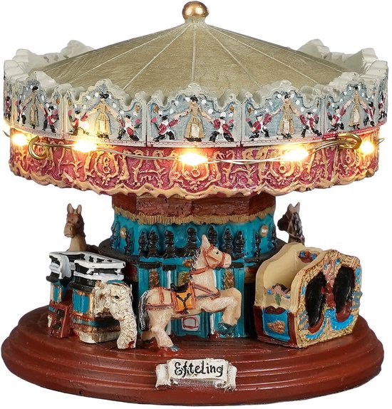 Une miniature de carrousel avec des chevaux et des lumières, portant le logo Efteling.